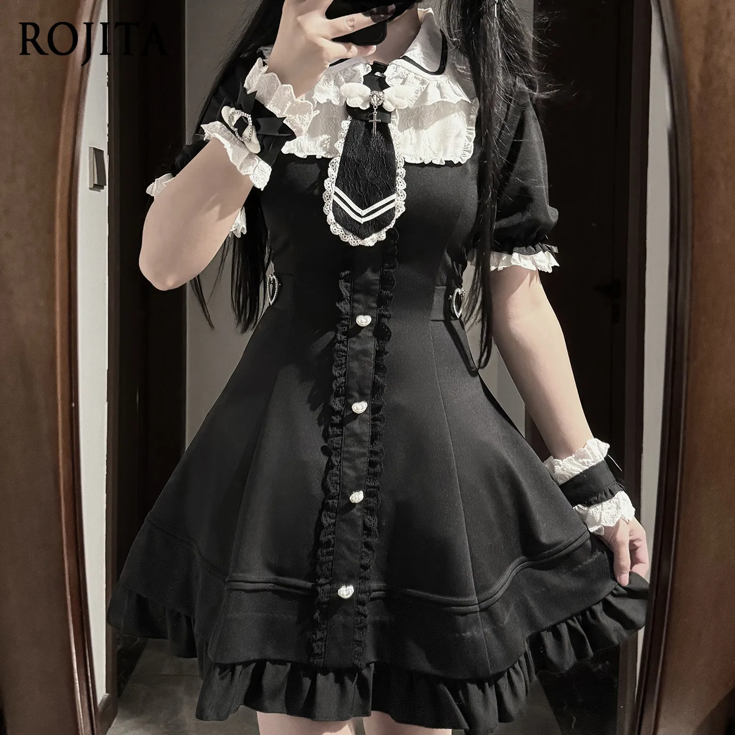 

Japanese Style Mass-Produced Lace Patchwork Short Sleeve Dress for Girls Slim Fit Doll Collar A-Line Dress Black Lolita Dress