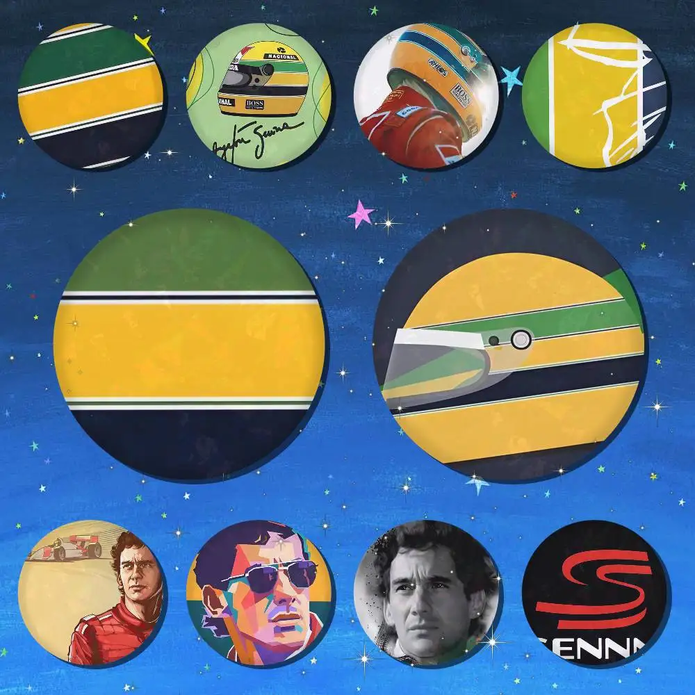 A-Ayrton S-Senna F1 Snap-in Pins Cartoon-Figur, runde, kreative Broschen für Rucksack-Accessoires, Schmuck, Geschenke
