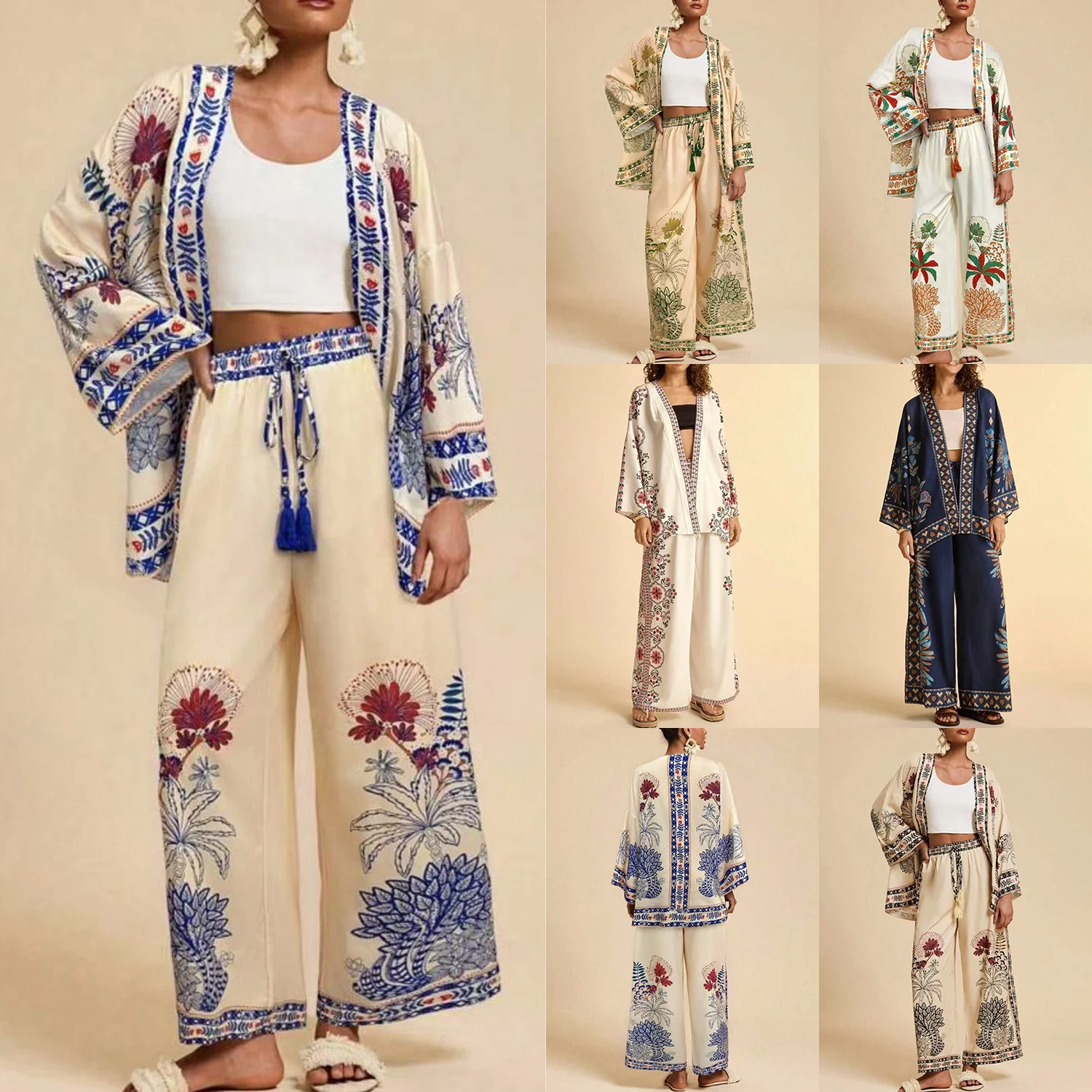 

Women Cardigan Floral Print Fashion Casual Holiday Spring Summer Pant Suit