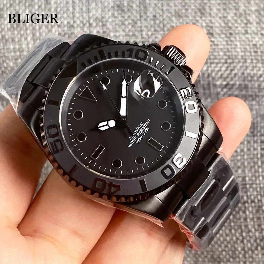 BLIGER 100M Waterproof NH35A PT5000 Movement Automatic PVD Watch For Men Brushed Ceramic Insert Stainless Steel Strap Glide Lock