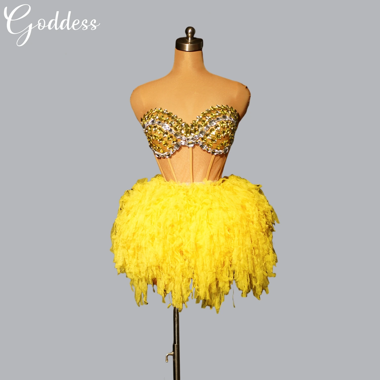 

Yellow Sparkly Rhinestones Tube Bandage Top Shirt Lovely Two Pieces for Women Club Party Showgirl Wear Performance Dance Outfit