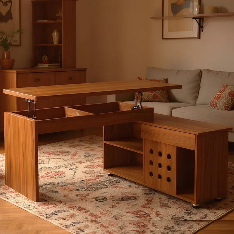 طاولة قهوة متعددة الوظائف مع أرفف تخزين وأدراج، طاولة جانبية لغرفة المعيشة الخشبية، أثاث منزلي موفر للمساحة