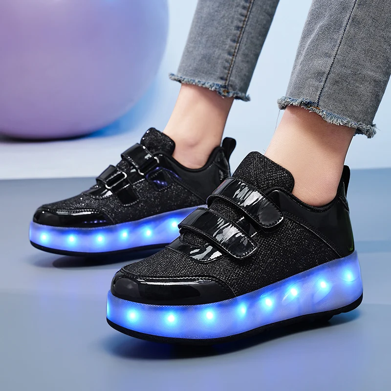 Manual Four-wheel Luminous Walking Shoes for Children Breathable Casual Shoes for Teenagers Leather Roller Skating Shoes Outdoor