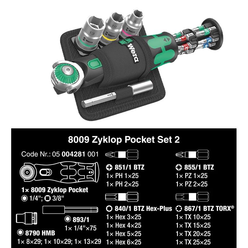 WERA 8009 Zyklop18in1 Ratchet Screwdriver Set With Freely Pivoting Ratchet Head Muti-function Pocket Sets 05004281001