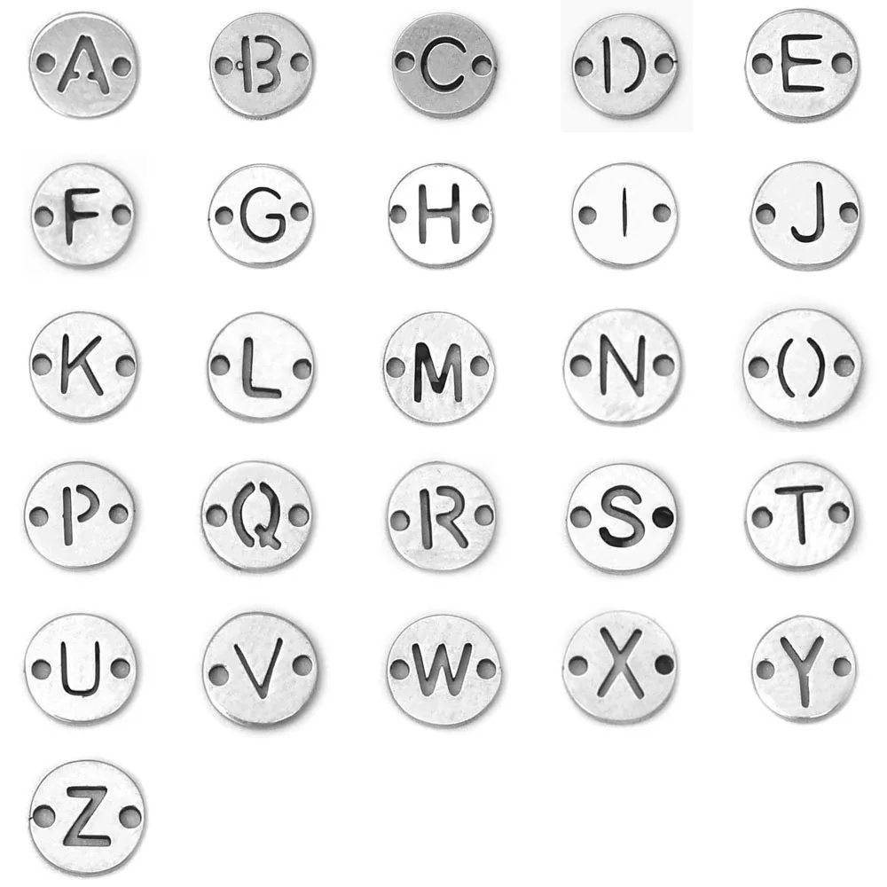 10 Stück Edelstahl-Alphabet-Link-Charms von A bis Z, Buchstaben, flache runde Anhänger, Verbinder für DIY-Ohrringe, Armbänder, Halsketten