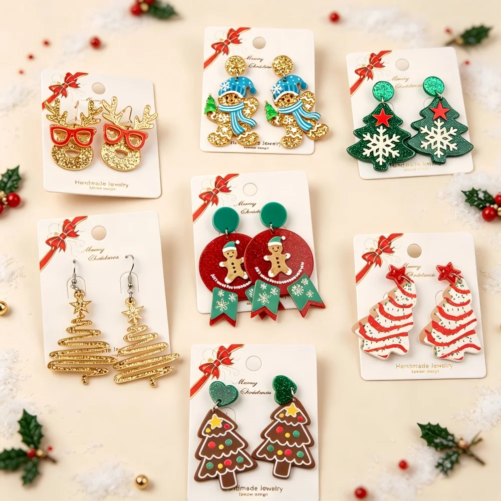 7Pairs Cute Plastic Christmas Dangle Earrings For Women Mix Gingerbread Tree Reindeer Snowflake Jewelry Holiday Party Gifts