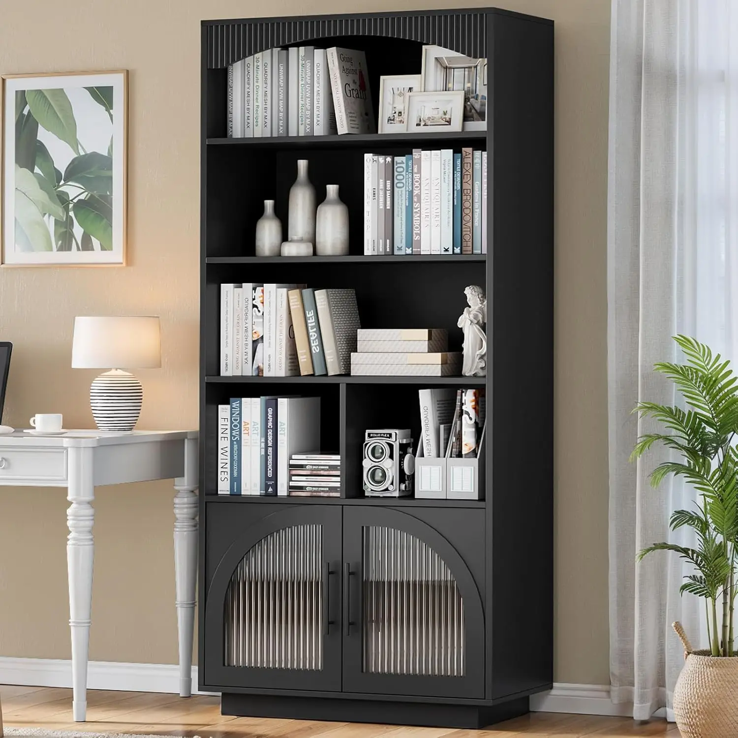 

70" Tall Bookshelf with Doors, 5 Tier Bookshelf with Storage Cabinet and Adjustable Shelves Mid-Century Modern Bookcase