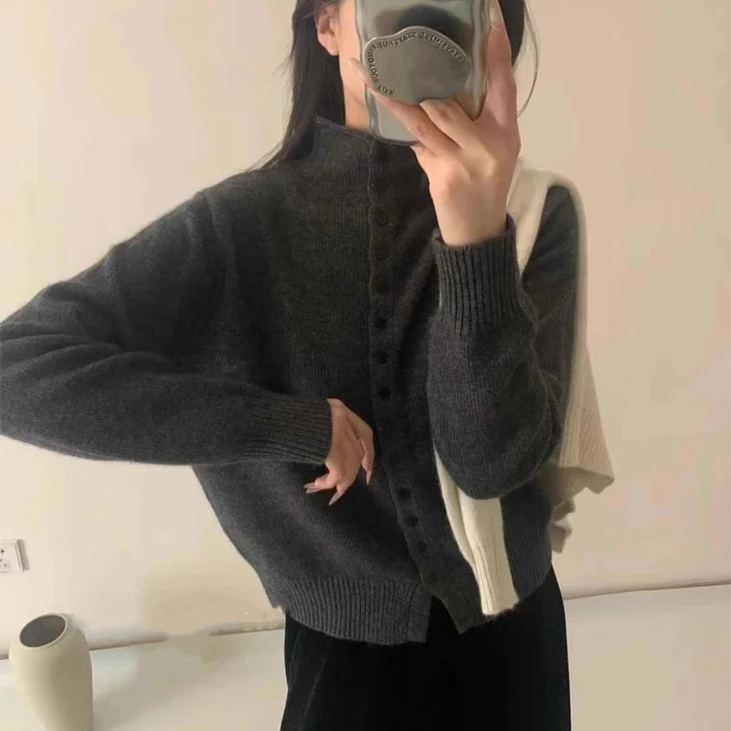 Soft Comfortable Stand-Up Collar Sweater Cardigan Women Simple Single Breasted Cardigans Coat Autumn Winter Knitted Outerwear