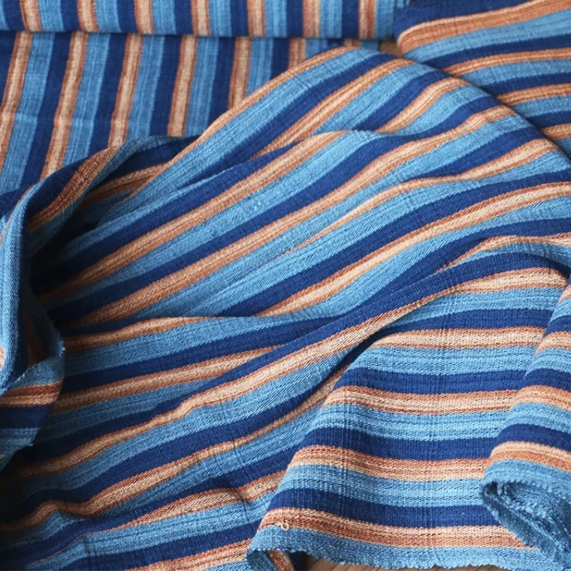 PVDF15 Cotton Indigo Plants Dyed Stripes Fabrics, Bedding, Clothes, Sashiko, Patchwork, Decoration, Door Curtain, Blue Yellow