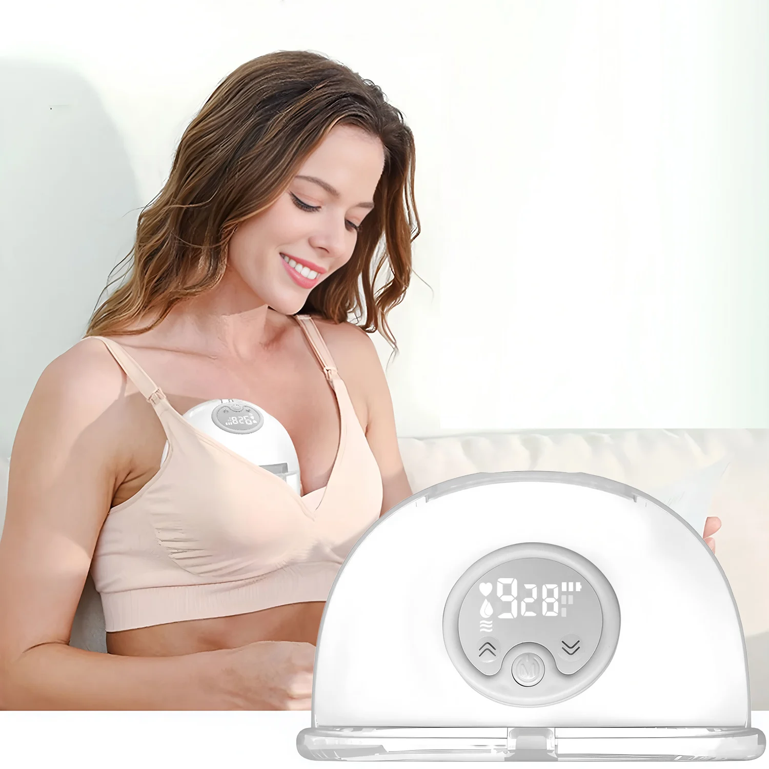 ウェアラブル式の電動搾乳機。ハンズフリーで使用でき、快適な搾乳を実現。軽量でledディスプレイ付き。3つのモードと9段階の強さ調整が可能。
