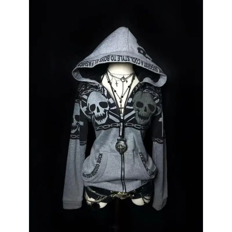 

Готические женские толстовки на молнии в стиле Y2K с принтом черепов, американский стиль, для зимы 2026, куртки