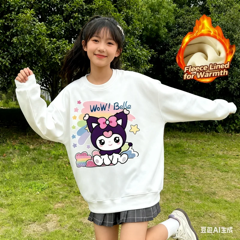 

2025 Sanrio Series Printed Crew Neck Long-Sleeve Top, Cute and Warm Fleece-Lined Crew Neck Long-Sleeve T-Shirt, 100% Cotton