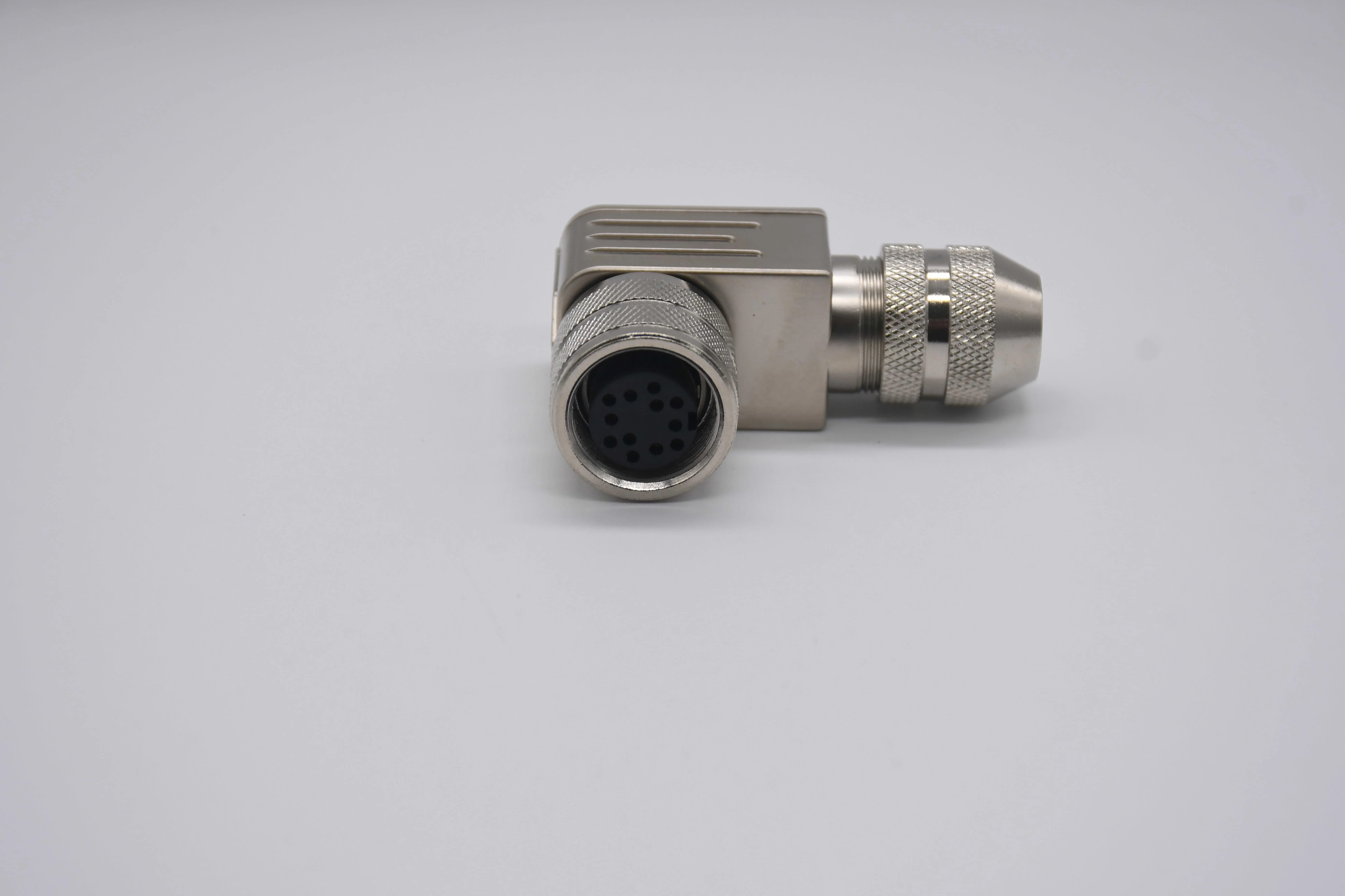 M16 12 Pin Electric Wire Connector Female A-Coded Right Angle Silver Metal IP67 Screw Locking Shielded Plug