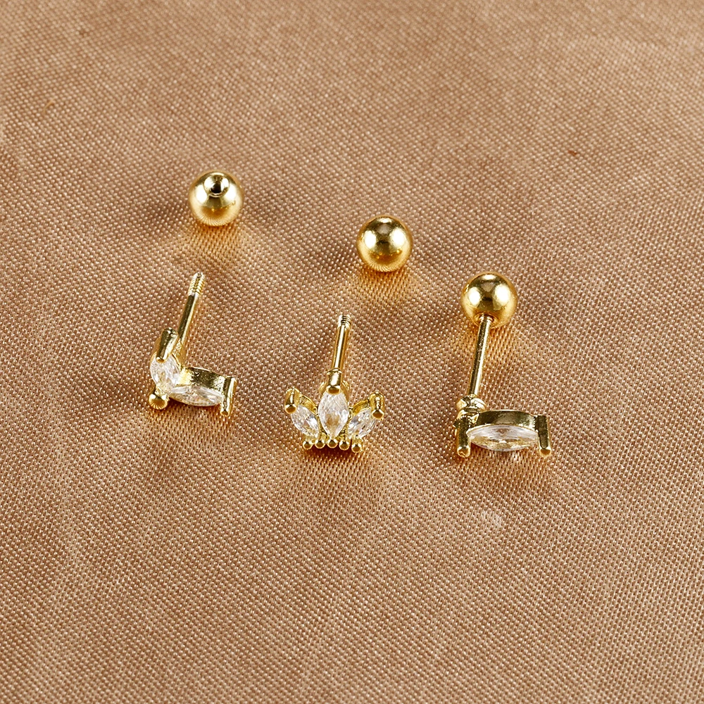 316 Stainless Steel Cartilage Piercing Earrings Set For Women Mini Zircon Crown Helix Tragus Stud Earring Fashion Jewelry 3pcs