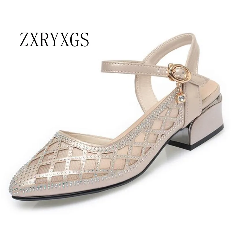 

ZXRYXGS 2023 High Quality Microfiber Mesh Rhinestone Shoes Women Fashionable Sandals Pointed Toe Hollow Mid Heel Shoes Sandals