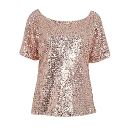 Women Lady Sequin Stitching Blouse Fashion Bling 3/4 Sleeve Shirt Tops Summer Shirt plus size Women Clothing S-5XL