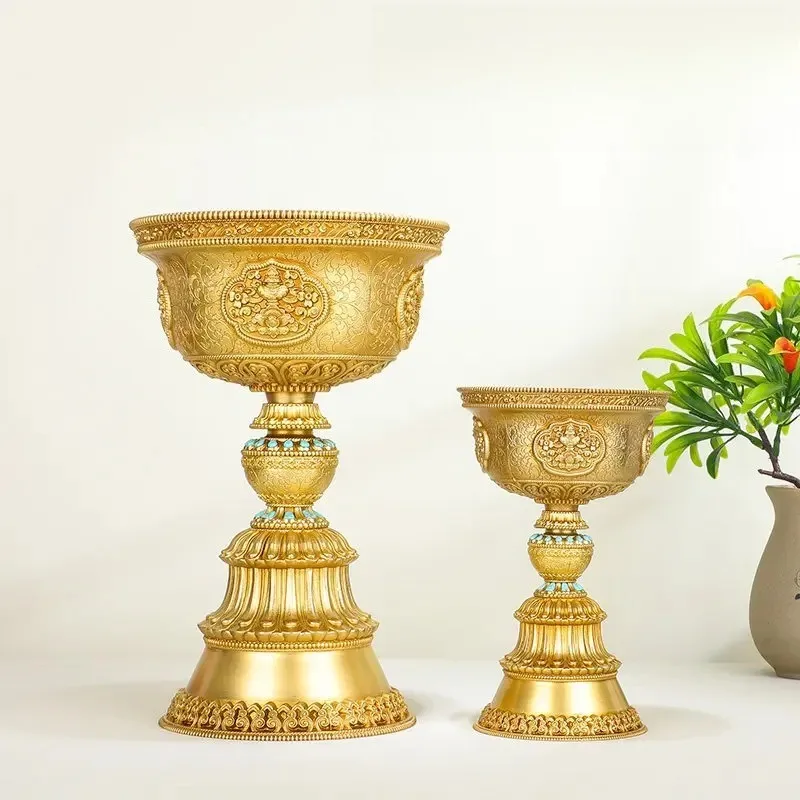 Tibetan Butter Lamp Holder, Brass Oil Lamp Stand with Eight Symbols, Long Burning Candle for Buddhist Altar, Home Temple Décor