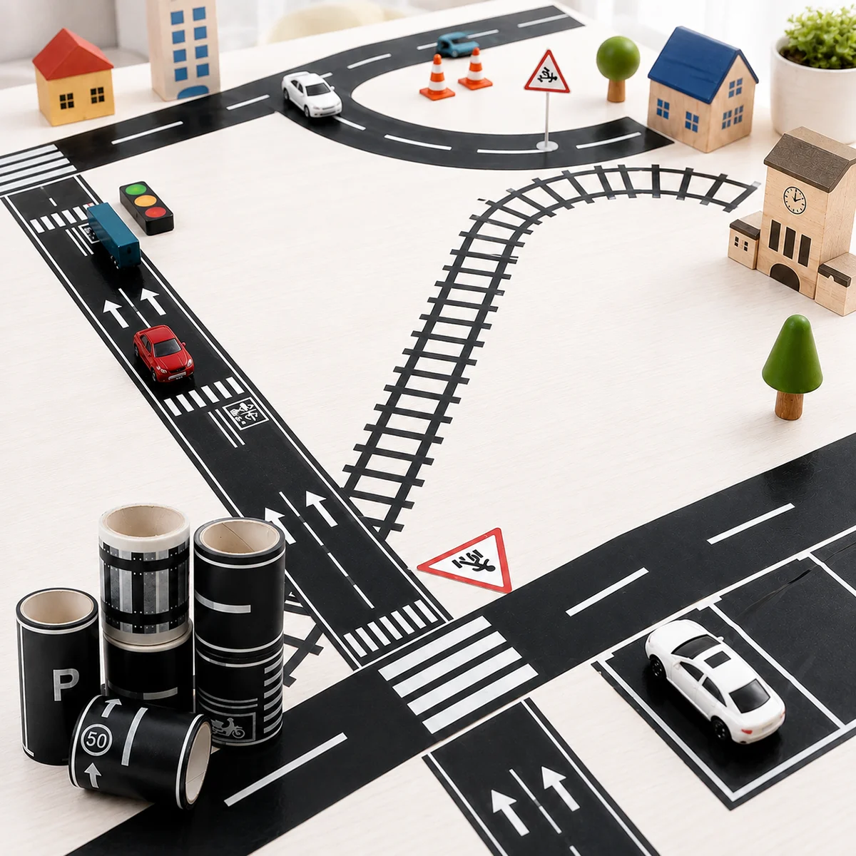 5m Dollhouse Mini Road Urban Transit Rail Tape Miniature Parking Scene Bend Stickers Handmade DIY Decoration with Accessories