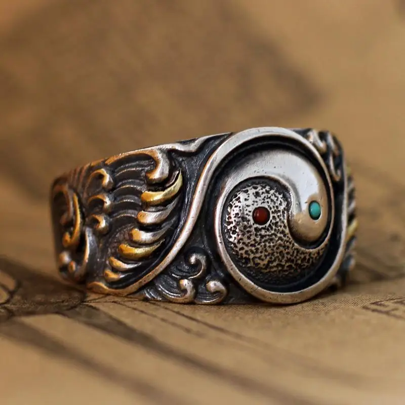 Ethnic Style Retro Personality Inlaid Imitation Red Turquoise Yin-yang Fish Open Adjustment Size Ring Retro Line Pattern Jewelry
