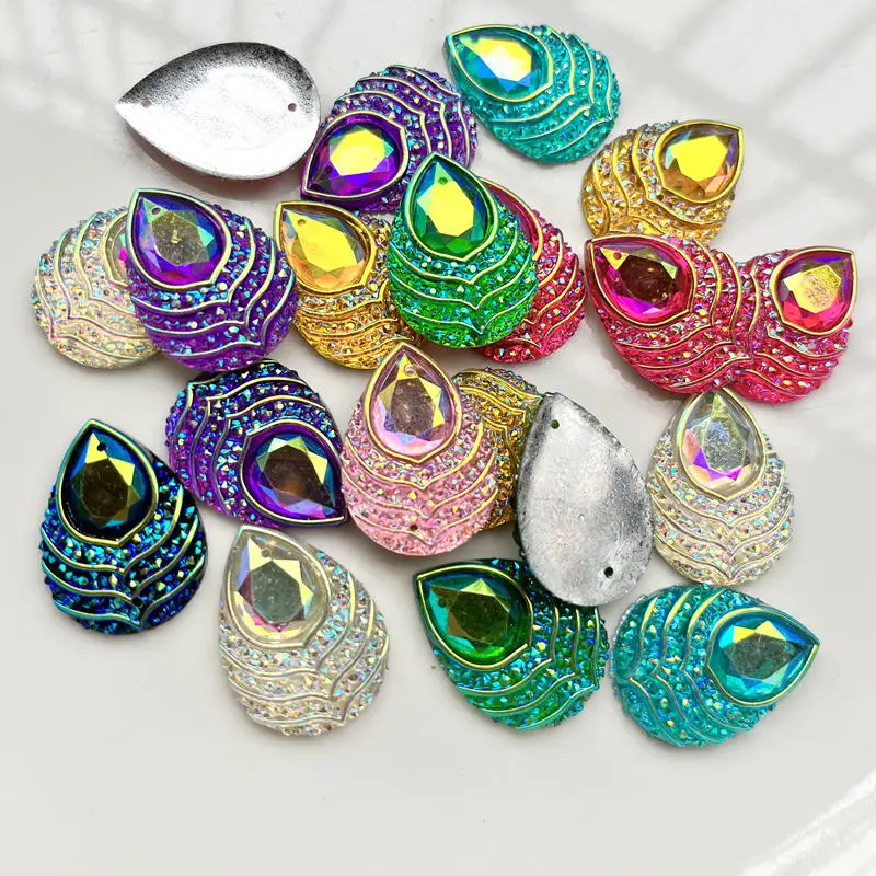 Mixed 4 X 8mm/13 X 18mm/10 X 20mm/18 X 25mm/16 X 27mm water drop shaped peacock eye Rhinestone sewing scrapbook resin process