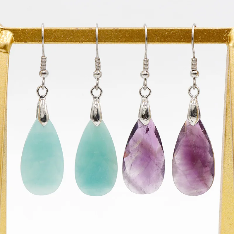 Reiki Natural Stone Drop Earrings Long Water Drop Dangle Blue Amazonite Opal Purple Crystals Earrings for Women Healing Jewelry