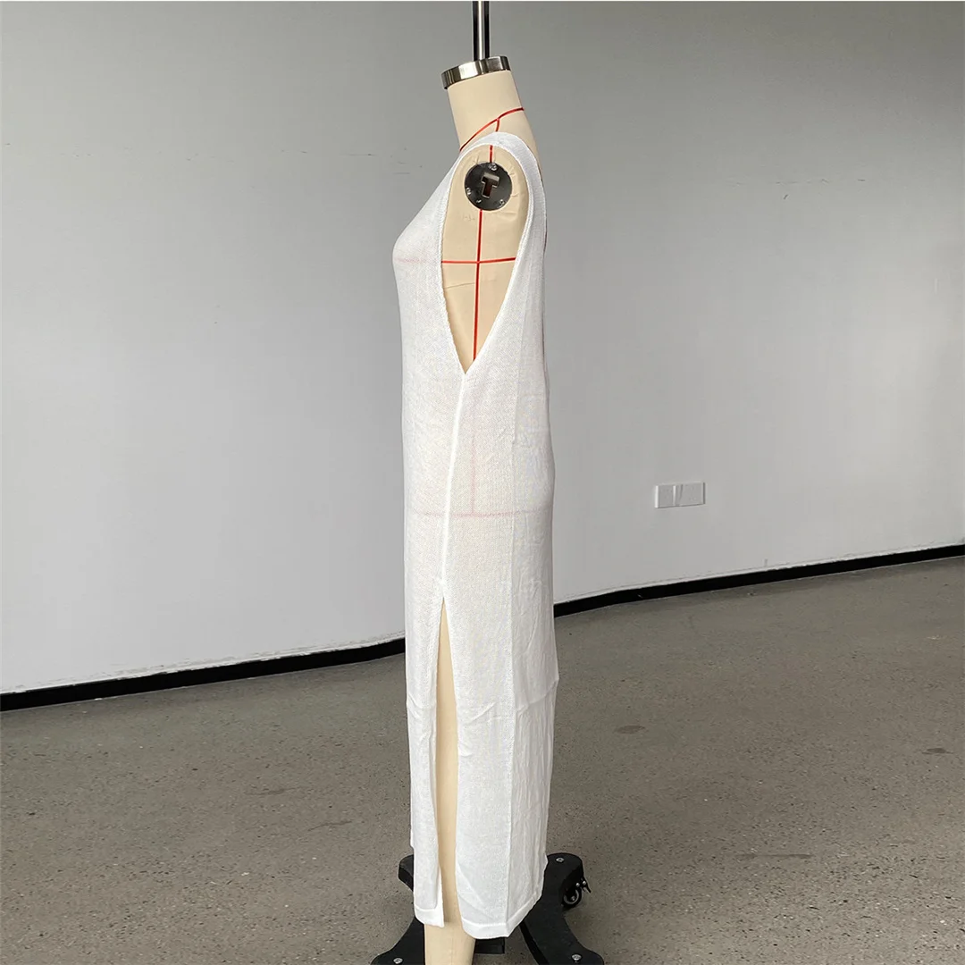S - XL, V-Ausschnitt, rückenfreies, einfarbiges, gehäkeltes, gestricktes Tunika-Strandkleid, Strandkleid, Strandmode, Damen, V8320 – Detail 7