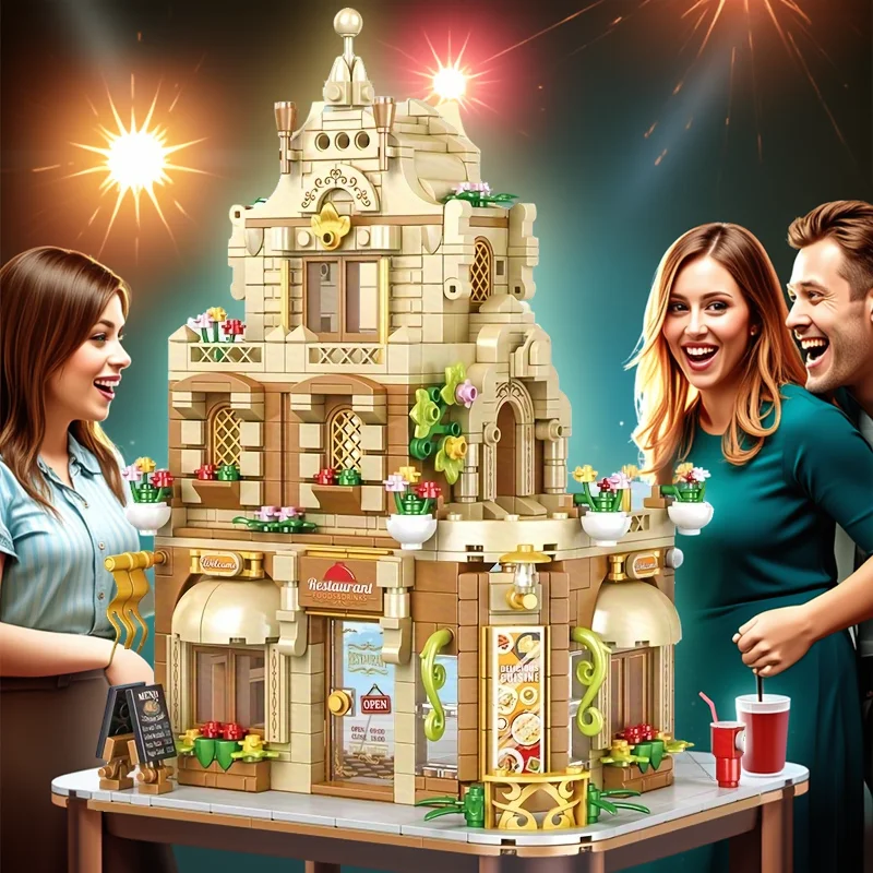 مدينة شارع عرض سلسلة مطعم اللبنات منزل نموذج متجر العمارة هدية صغيرة لصديقة الاطفال لعبة الإبداعية