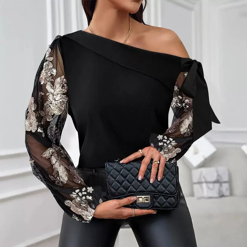 Women Long Sleeve Casual Fashion Sequin Floral Pattern Skew Neck Sheer Mesh Patch Blouse Top Shirt Blouses Tops Y2K