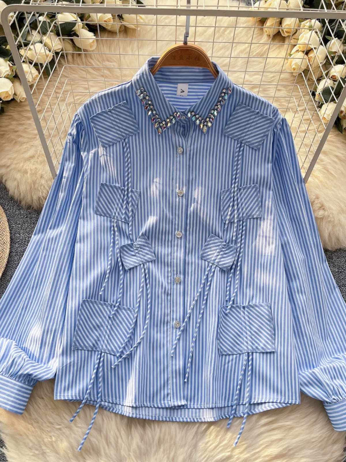 

Ele Diamond Embellied Striped Casual Loose Women's irt Stand Collar Single Button ket Top Faionable Commute Sle