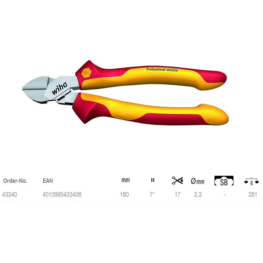 WIHA 43340 1000V VDE Insulated Side Cutter Professional Electric Diagonal Cutter with DynamicJoint® Cutting Pliers 180mm