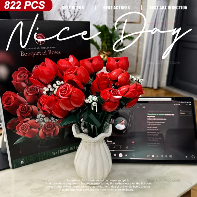 822PCS Romantic Rose Flower Bouquet Building Blocks Creative Home Desk Plant Decor Assemble Bricks DIY Toy Gift for Girls Ladies