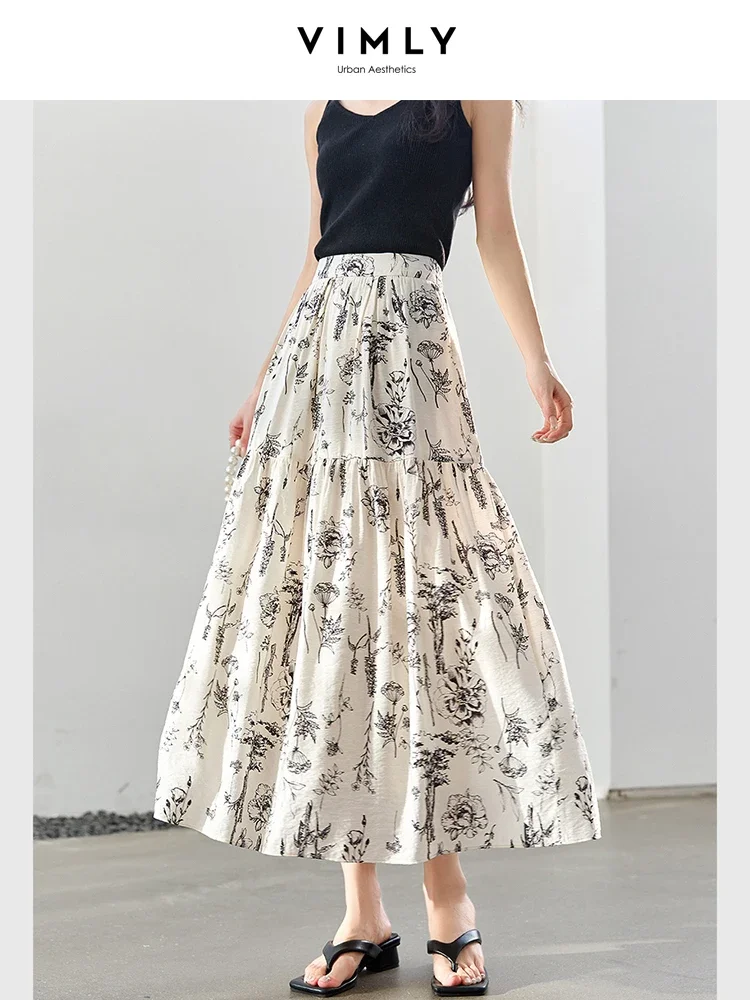 VIMLY Women Simple Elegant Chic Floral Printed Pleated Skirt 2025 Spring Office Lady  Elastic Waist A Line Swing Midi Skirt