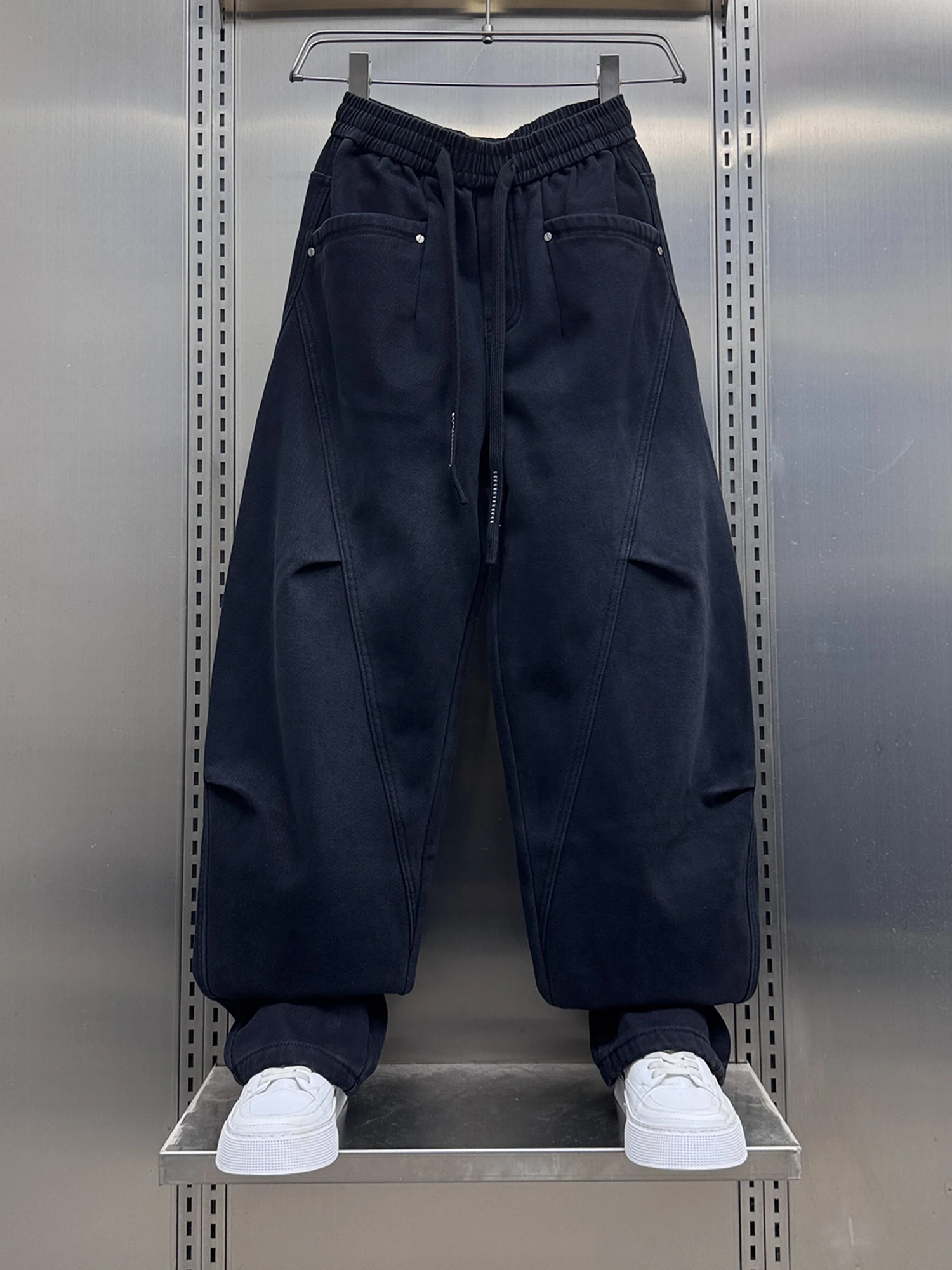 

Men's Winter Thiened Fce Wide Leg Pants Dstring Loose Straight Cut Trousers adient Color Blo Casual Faion