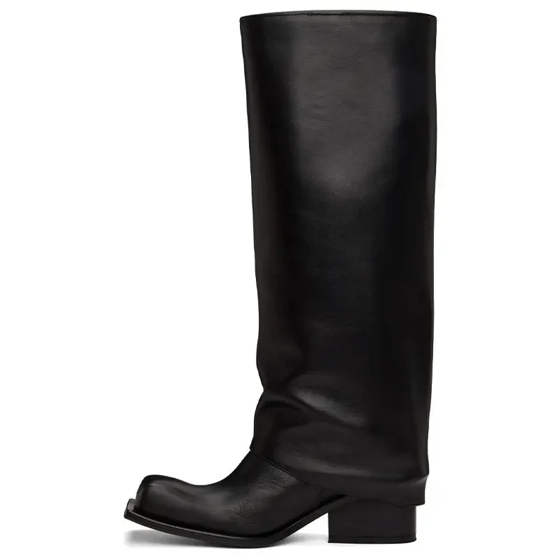 2026 Women Shoes New Large Tube Apron Boots Thick Square Round Head Long Tube Women's Boots Leather Thick Sole Metal Knight Boot