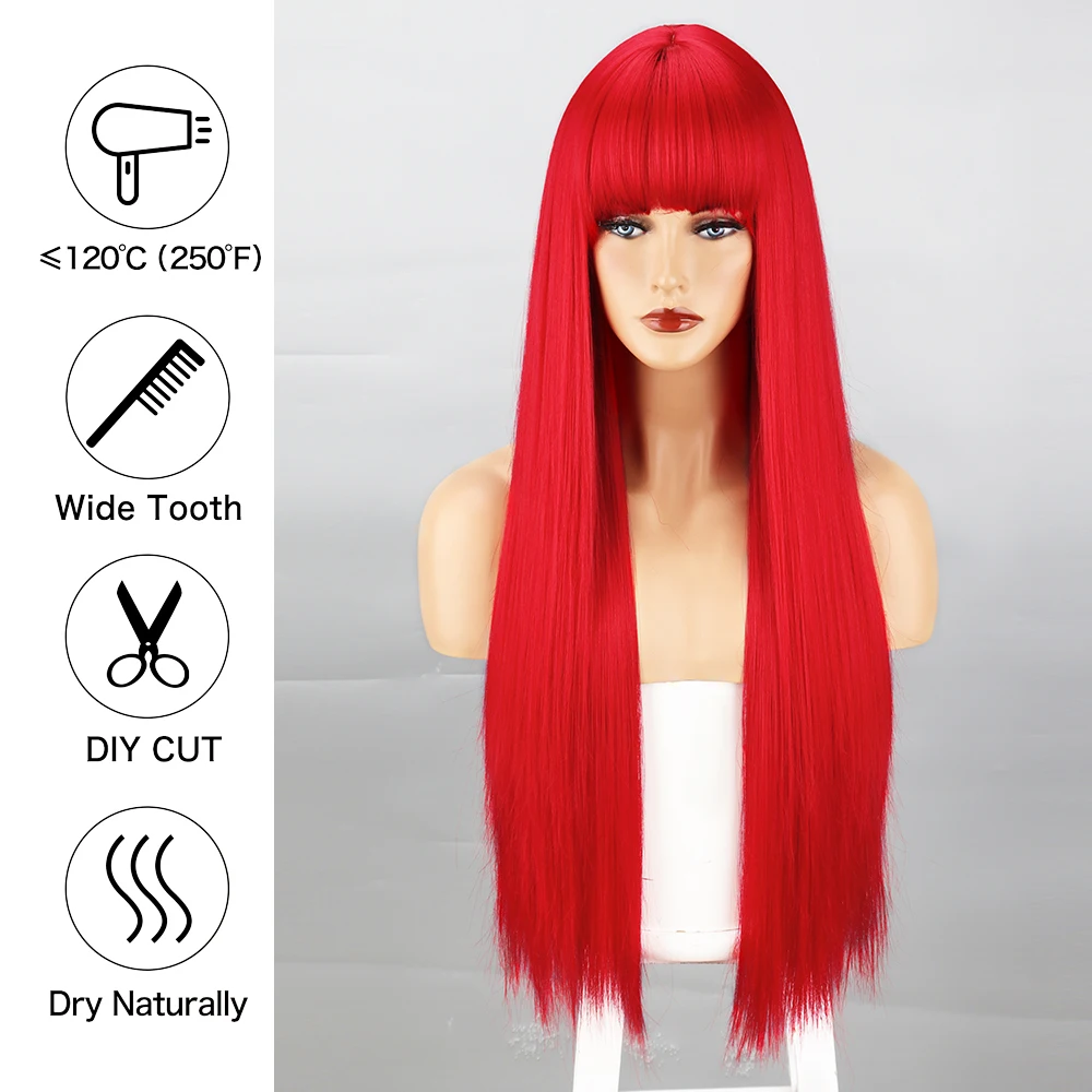 Long Straight Red Synthetic Wig With Bangs For Black Women Party Cosplay Hair Wigs Heat Resistant