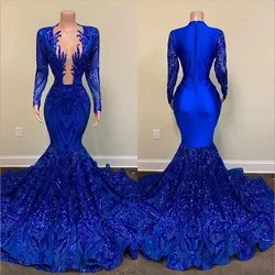 Sparkling blue long sleeve satin Decal Sexy Mermaid formal Ball party night special occasion custom elegant ladies evening gown