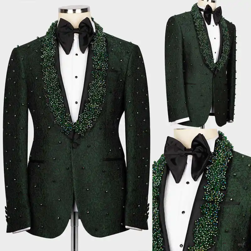 

Luxurious Crystals 2 Pieces Suits For Men Shawl Lapel One Button Jacket Sets Jacquard Beaded Formal Party Customized