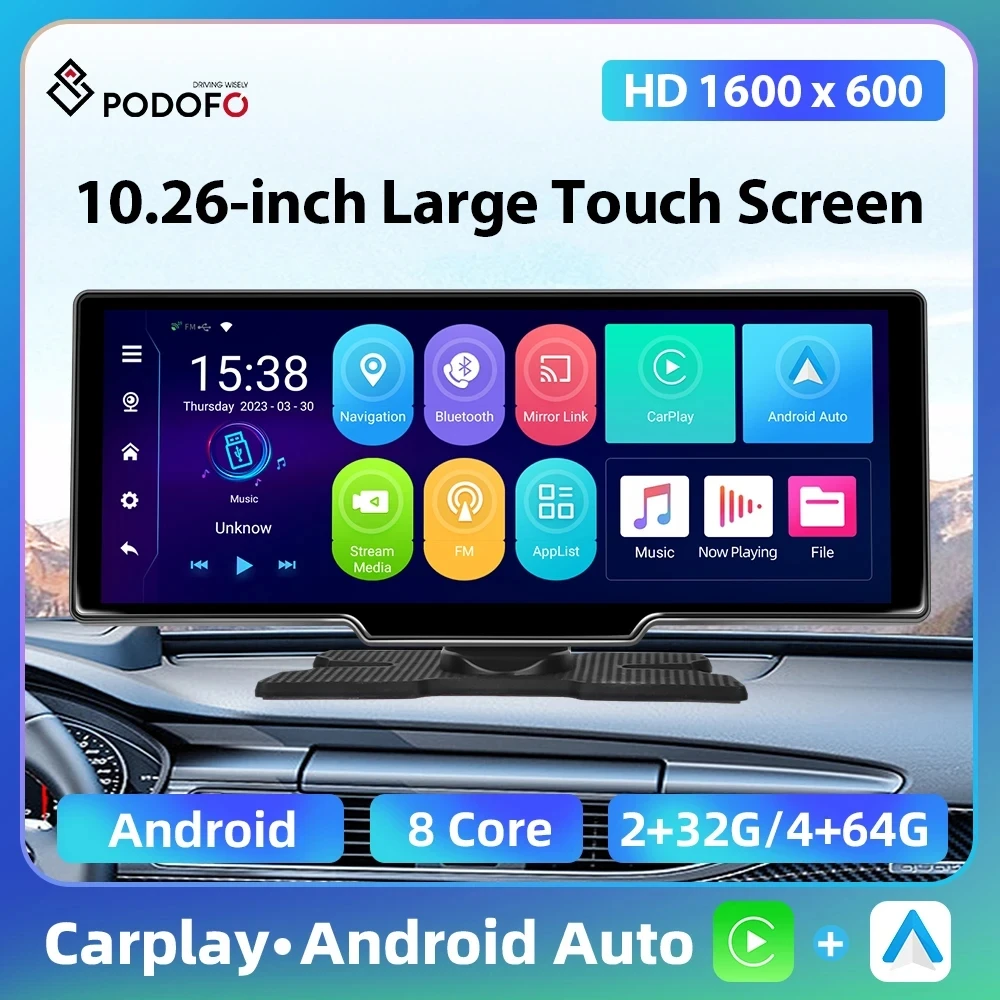 Podofo 10.26'' Car Monitor Dashboard 4+64G WIFI Dash Cam Wireless Carplay Android Auto GPS Reversing Assist Smart Screen Player