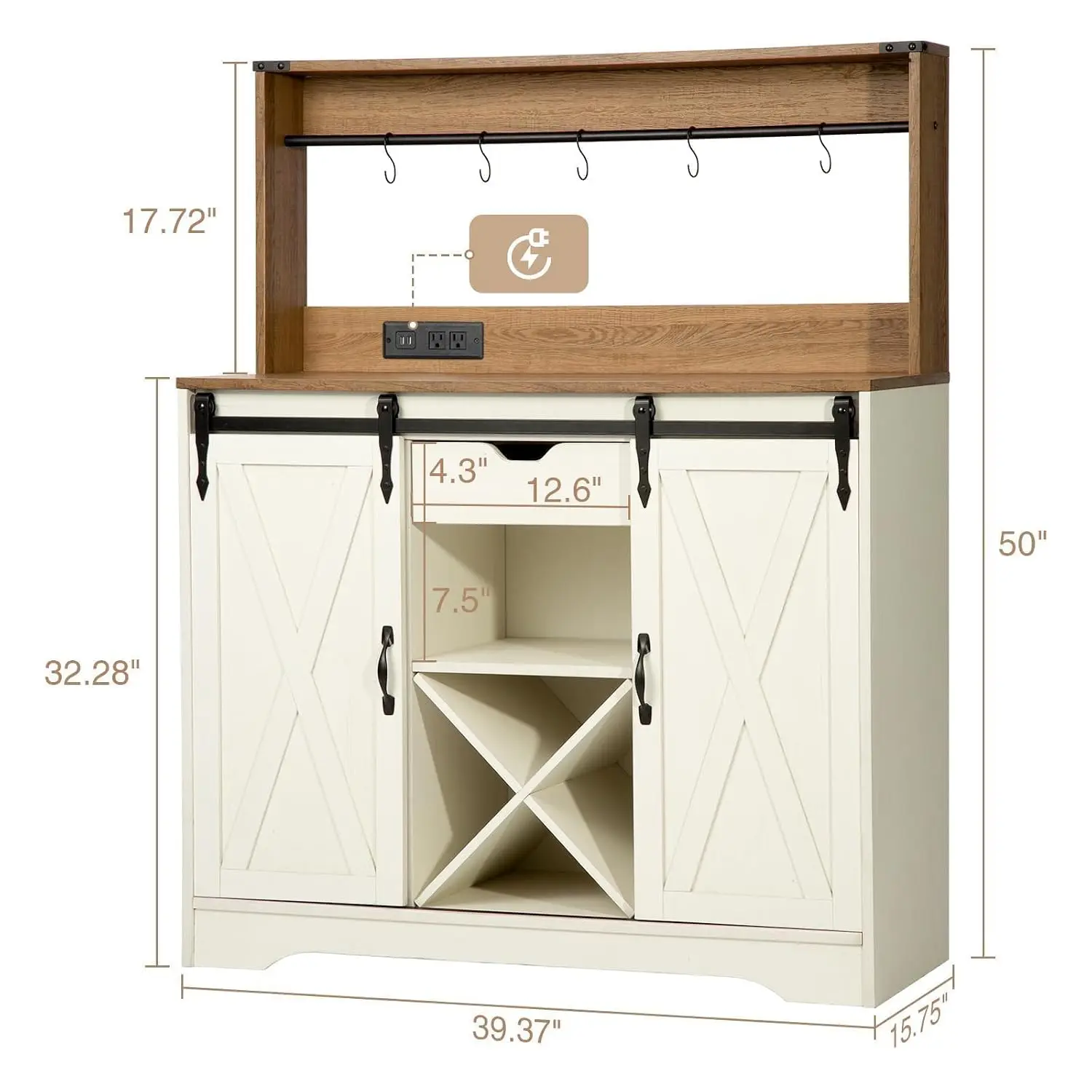 Farmhouse Coffee Bar Cabinet with Charging Station and USB, White | 39