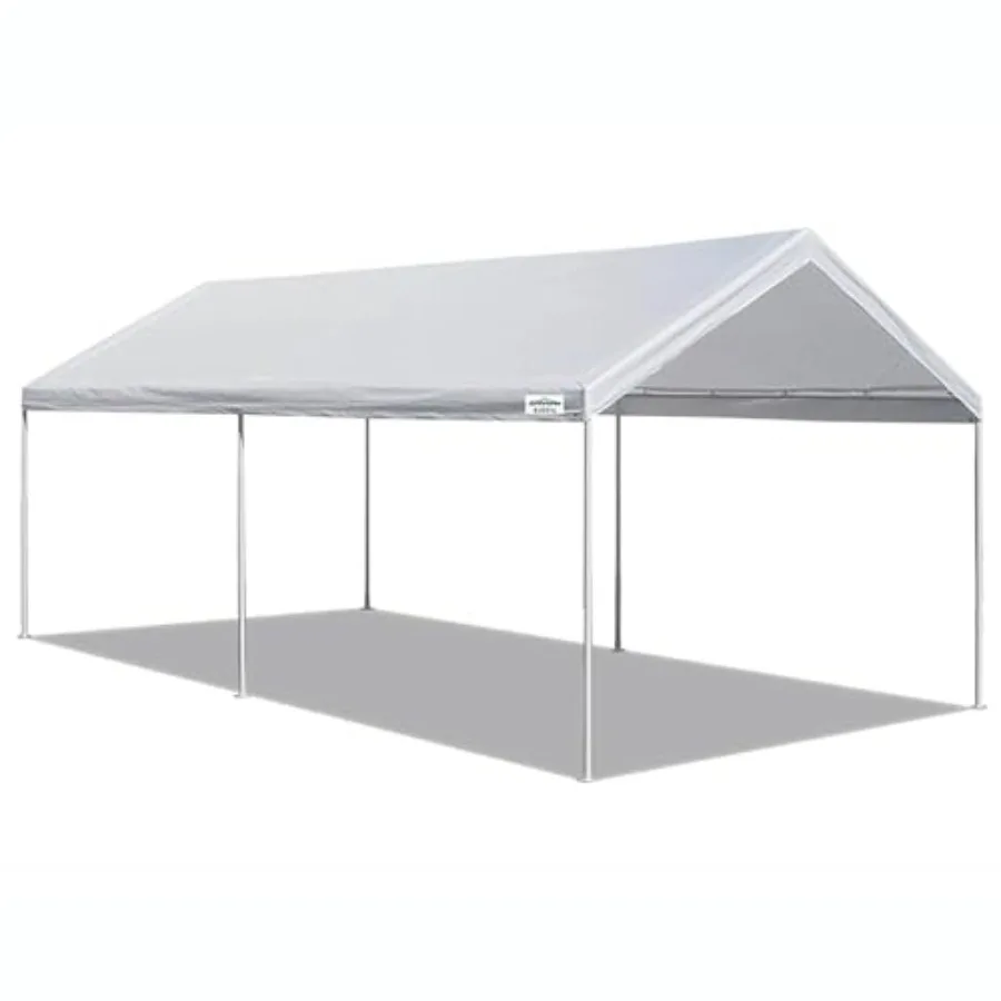 Outdoor pop-up carport with heavy duty steel frame, powder coated finish, black color, includes 6 steel stakes for stability an