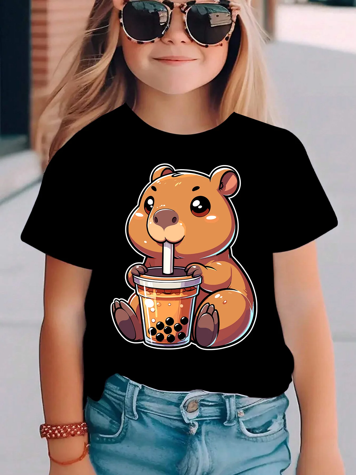 Girls Summer Short Sleeve Tshirt,Cartoon Bear Drinking BubbleTea Print Top,Fashion Casual Versatile Soft Kids Tee For Daily Wear