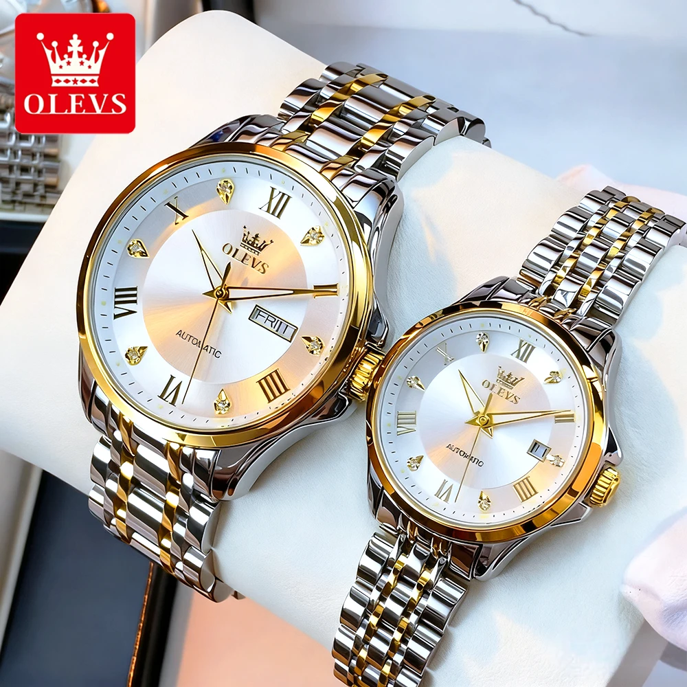 OLEVS ساعات الزوجين الفاخرة موضة الفولاذ المقاوم للصدأ العلامة التجارية الأعلى الأصلية التلقائية الميكانيكية ساعة اليد مقاوم للماء التقويم 2 قطعة #6