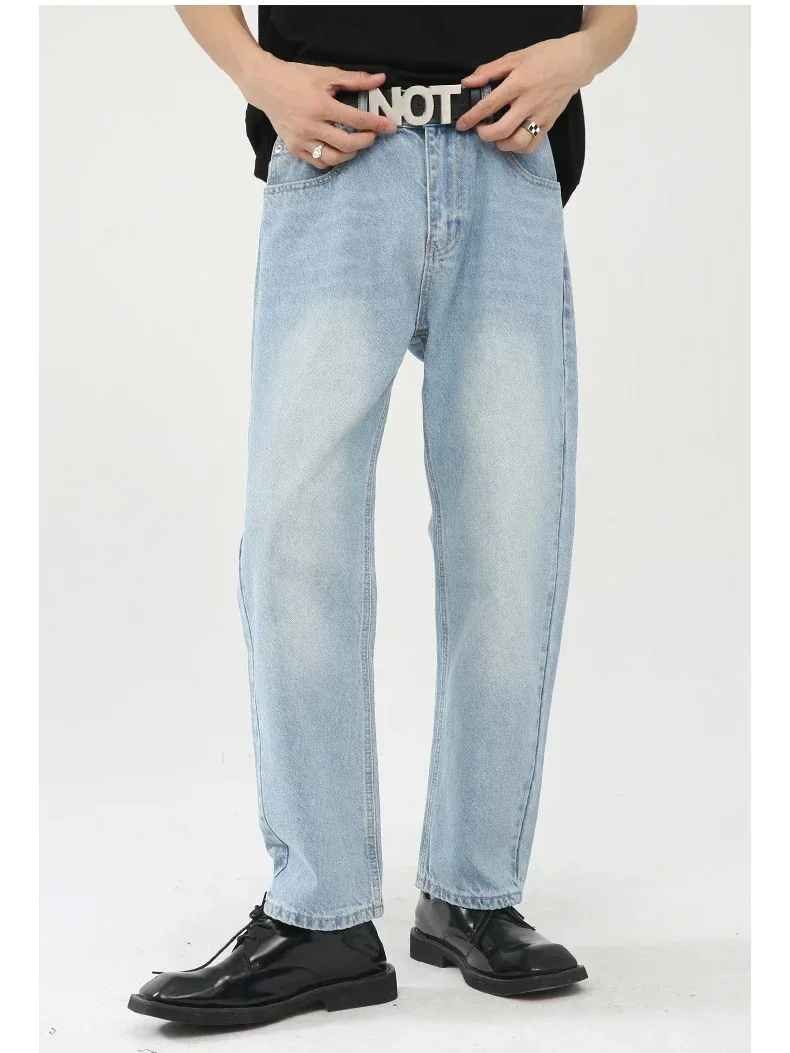 

Men Jeans Long Pant Straight Trousers Denim Pants High Waist Regular Button Pocket Splice Simple Casual Autumn Winter 2024