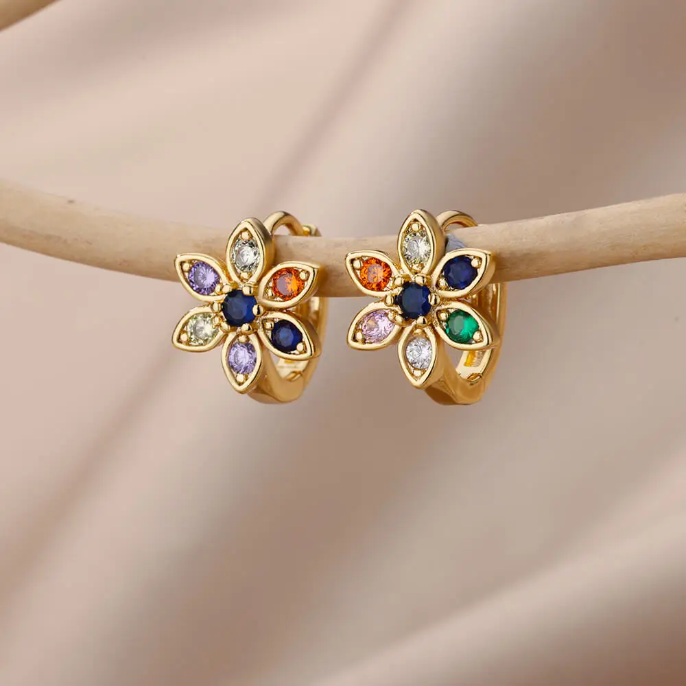 Colored Zircon Star Flower Earrings For Women Stainless Steel Petal Sunflower Hoop Earrings Luxury Jewelry Party Gifts brincos