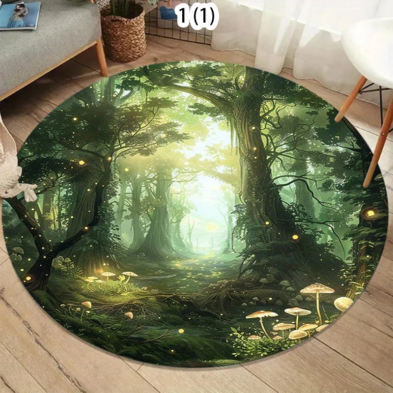 Tropical Jungle Waterfall Round Area Rug Lush Nature Scene Non-Slip Floor Mat for Living Rooms Healing Home Decor Spaces
