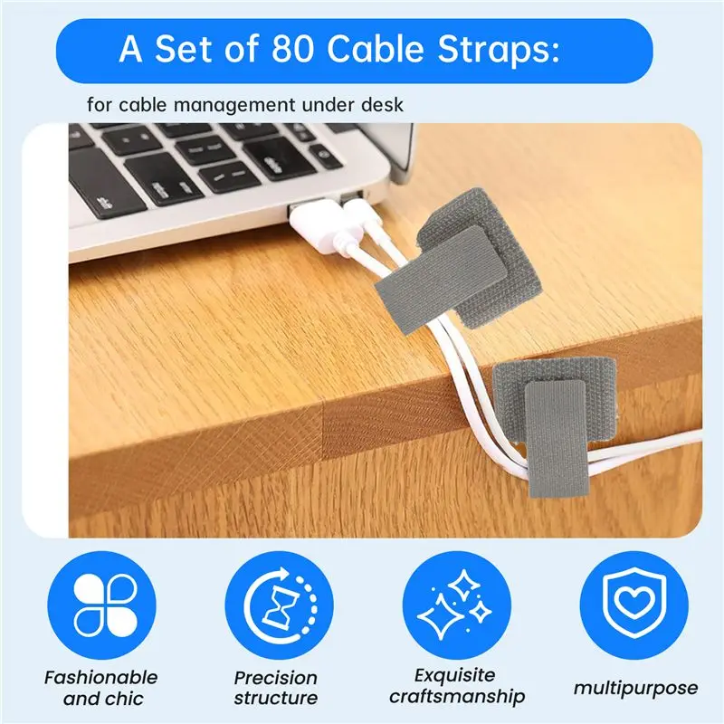 [HOT!A34R】 Hook And Loop Cable Management Under Desk, 80PCS Self Adhesive Cable Ties, Reusable Wire Organizers For Cords