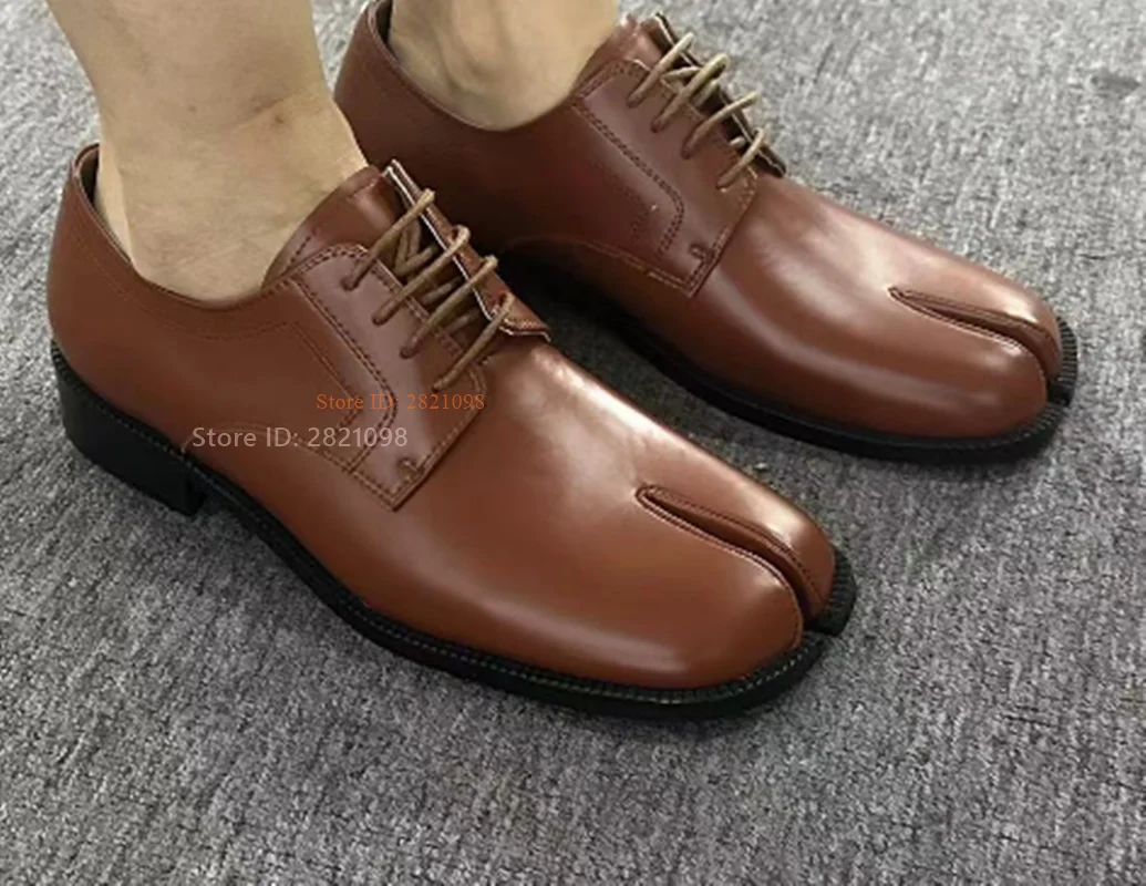 Split Toe Brown Leather Two Toes Lace Up Platform Height Increased Men Shoes Fashion Dress Shoes Footwear