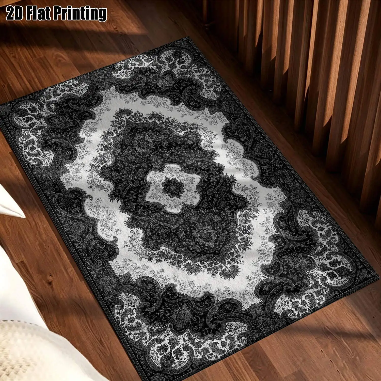 1Pc 2D Printed Black-White Classic Geometric Carpet: Vintage, European & Minimalist Style, Multi-Size, Machine Washable, Ideal for Home Decor, Entryway, Living Room, Bedroom, Dining Room & Foyer