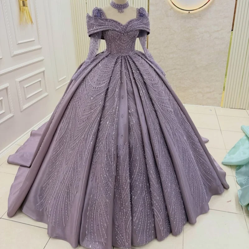 

Satin Lavender Quinceanera Dress off-shoulder Crystal Glitter Decal Long tail Bow vestidos de 15 Quinceanera ﻿Customize