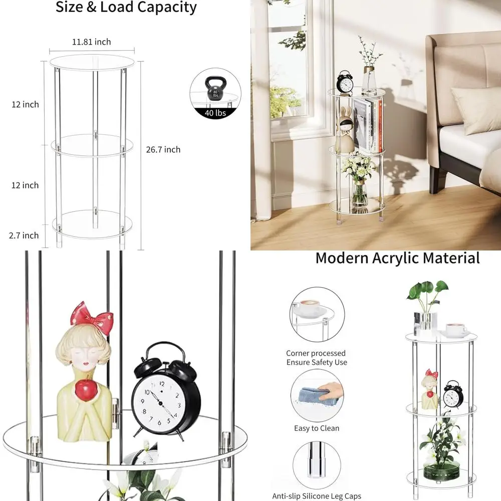 

Compact 3-Tier Acrylic Side Table, 11.81x11.81x26.7, Modern Minimalist Nightstand for Small Spaces